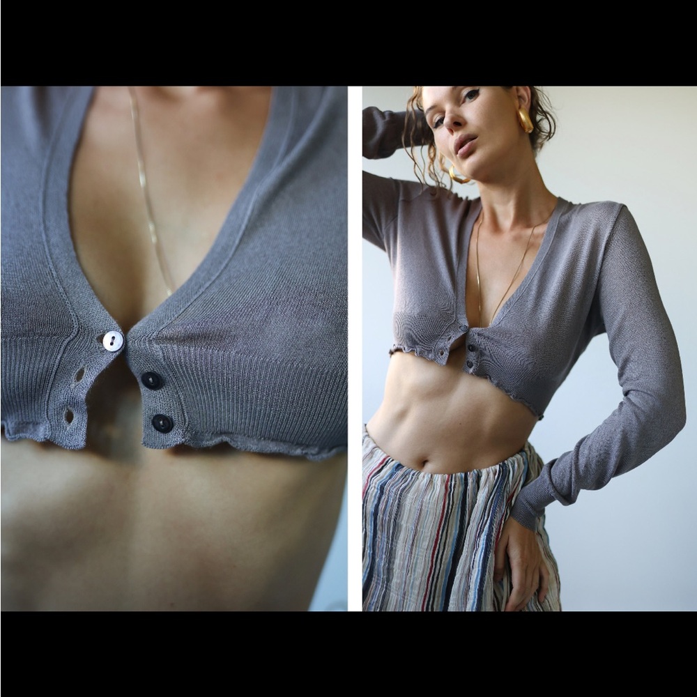 Benetton Vintage Grey Viscose long Sleeve Cropped Cardigan Top